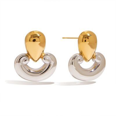 J&D Waterproof 18K Gold Plated PVD Stainless Steel Hypoallergenic Classic Chunky Hollow Gold Two Tone Earrings
