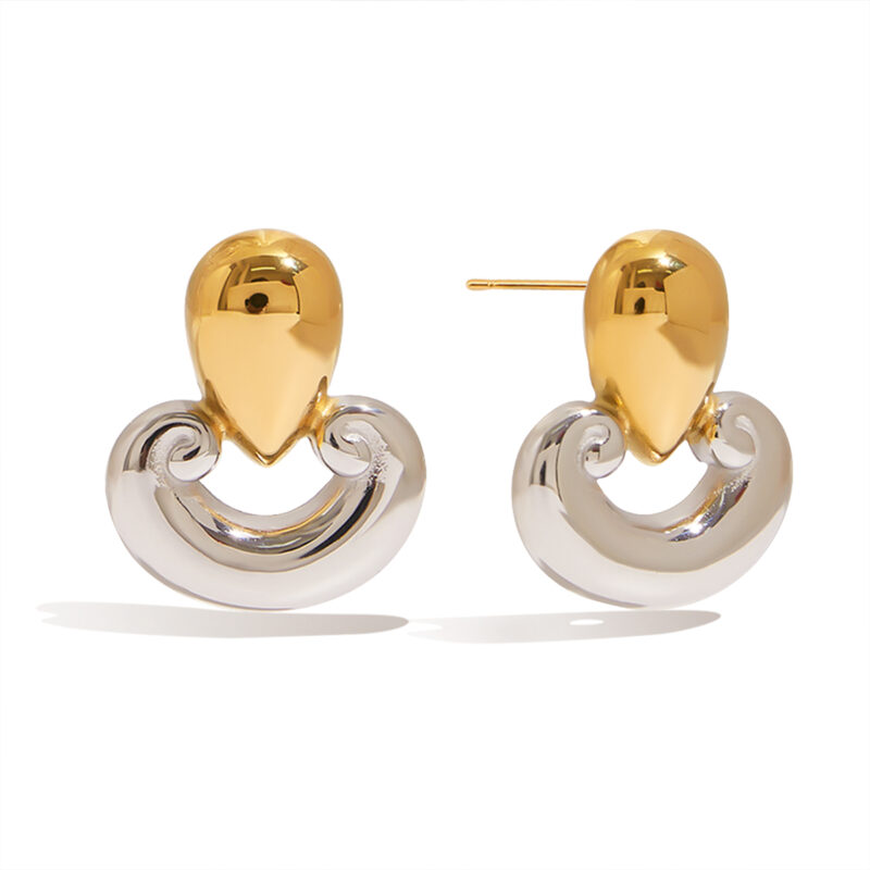 J&D Waterproof 18K Gold Plated PVD Stainless Steel Hypoallergenic Classic Chunky Hollow Gold Two Tone Earrings