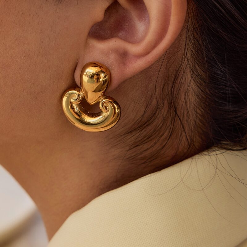 J&D Waterproof 18K Gold Plated PVD Stainless Steel Hypoallergenic Classic Chunky Hollow Gold Two Tone Earrings - Image 3