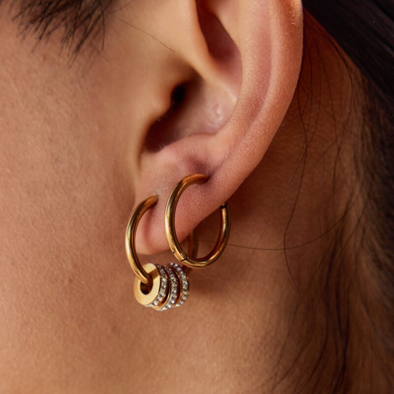 J&D Tarnish Free 18k PVD Gold Plated Stainless Steel Hypoallergenic Classic Rhinestone Hoop Earrings - Image 2