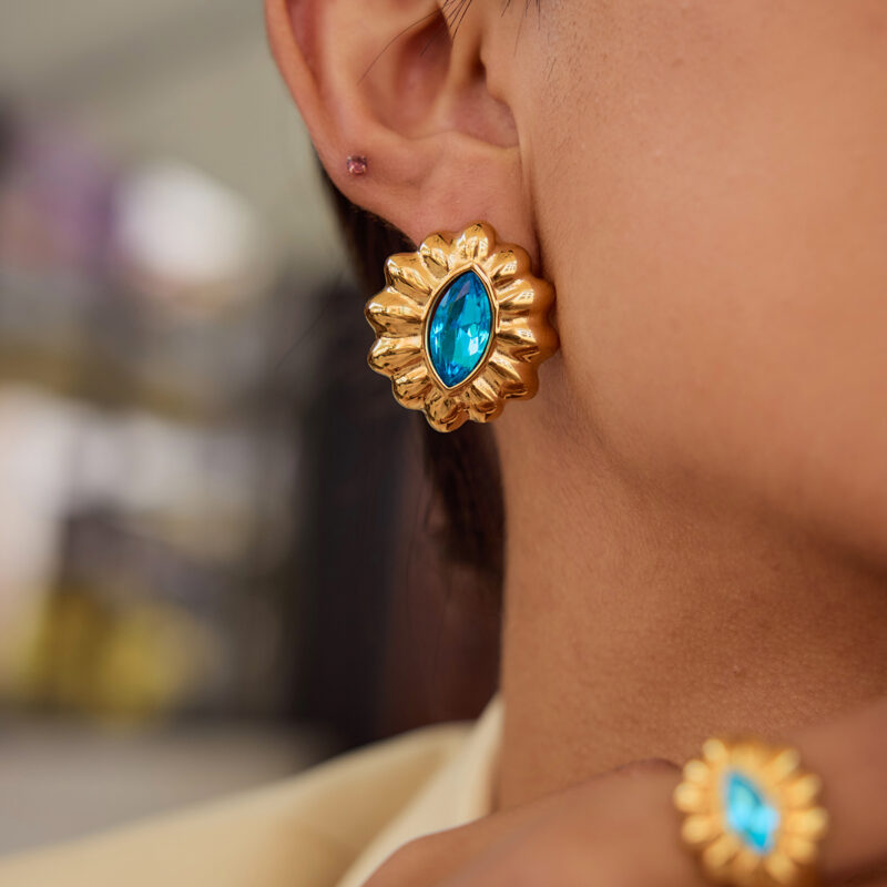 18K Gold Stainless Steel Blue Zircon Flower Earrings for Women Sweet & Cool Style - Image 5