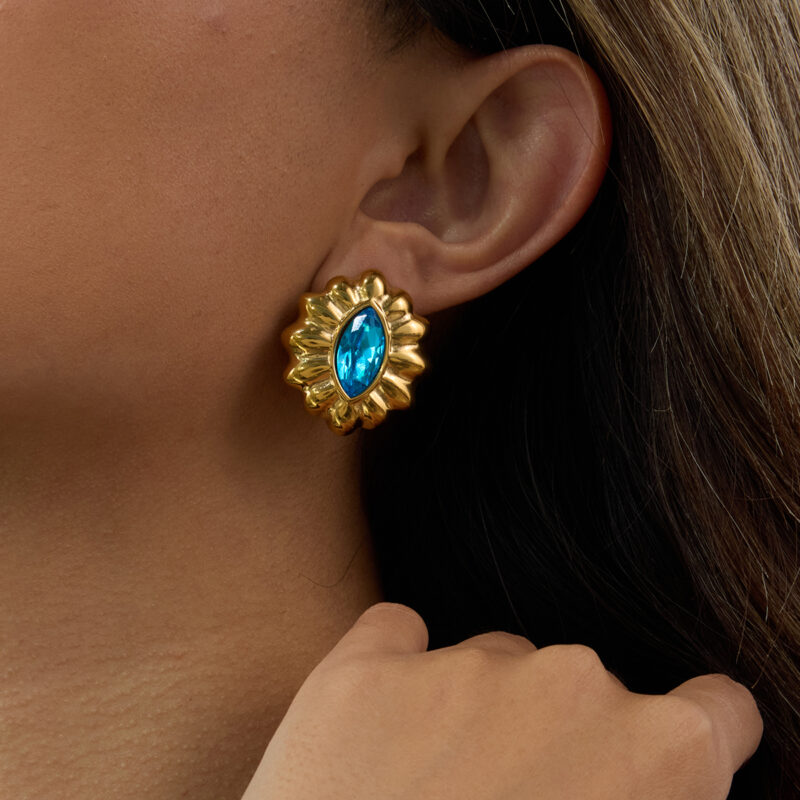 18K Gold Stainless Steel Blue Zircon Flower Earrings for Women Sweet & Cool Style - Image 3