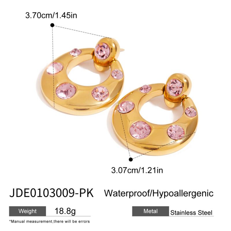 Sweet & Cool Style Door Handle Earrings for Women - 18K Gold Stainless Steel with Zircon & Pink Zircon - Trendy Geometric Dangle Earrings (1 Pair) - Image 6