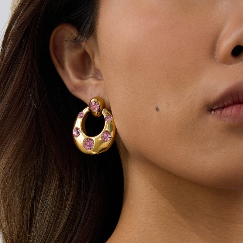 Sweet & Cool Style Door Handle Earrings for Women - 18K Gold Stainless Steel with Zircon & Pink Zircon - Trendy Geometric Dangle Earrings (1 Pair) - Image 3