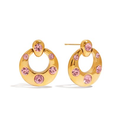 Sweet & Cool Style Door Handle Earrings for Women - 18K Gold Stainless Steel with Zircon & Pink Zircon - Trendy Geometric Dangle Earrings (1 Pair)