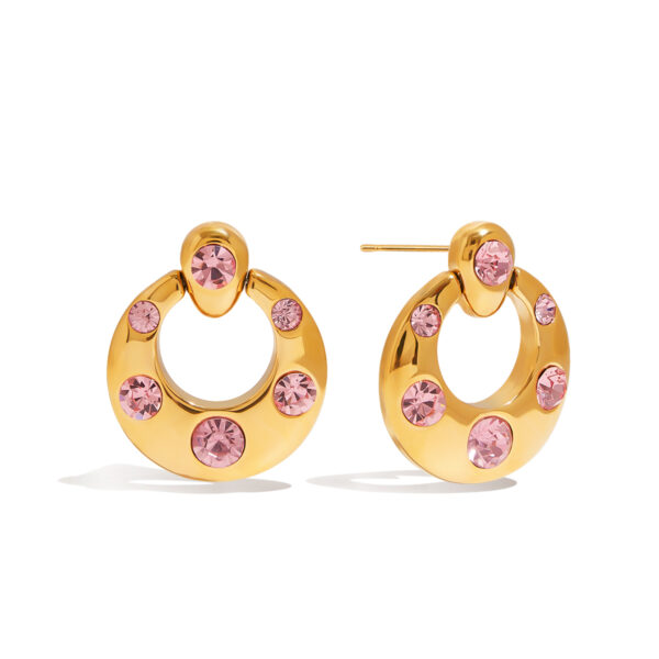 Sweet & Cool Style Door Handle Earrings for Women - 18K Gold Stainless Steel with Zircon & Pink Zircon - Trendy Geometric Dangle Earrings (1 Pair)