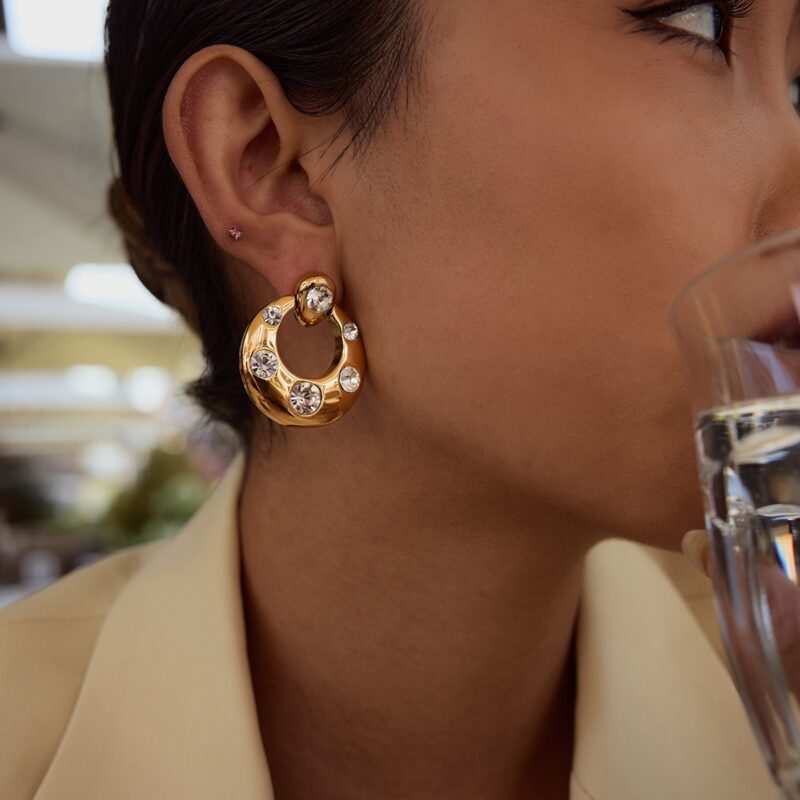 Sweet Cool Door Handle Earrings for Women, 18K Gold Stainless Steel with White Zircon, Trendy Geometric Dangle Jewelry (1 Pair) - Image 3