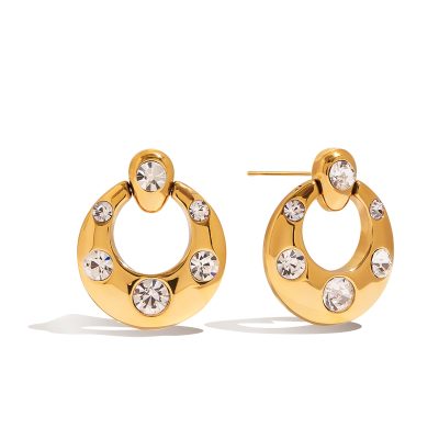 Sweet Cool Door Handle Earrings for Women, 18K Gold Stainless Steel with White Zircon, Trendy Geometric Dangle Jewelry (1 Pair)