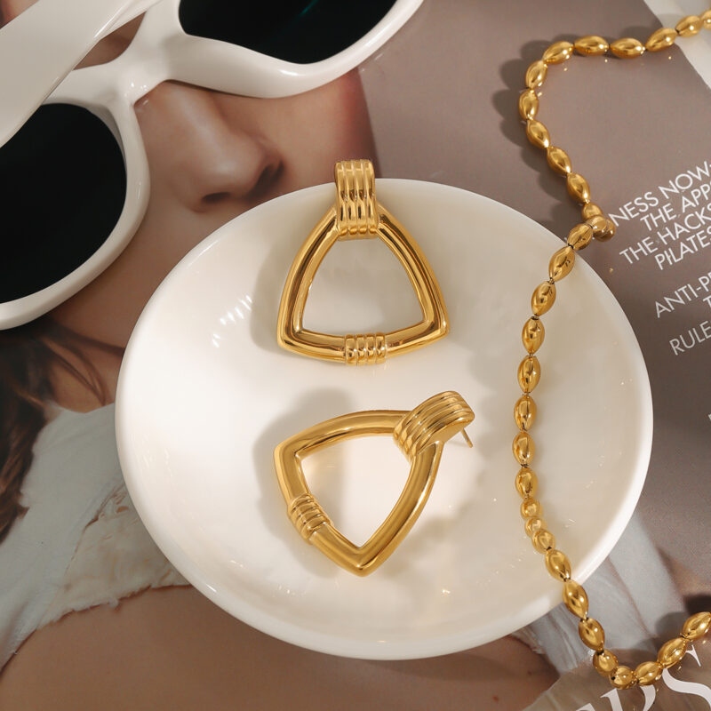 Retro fashion 18k gold stainless steel rib geometric earrings earrings - Image 4