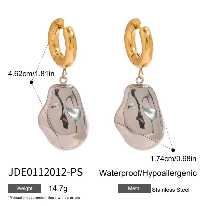 J&D Modern Minimalist 18K Gold Stainless Steel Two Tone Simple Special-shaped Steel Bead Pendant Earrings - Image 2