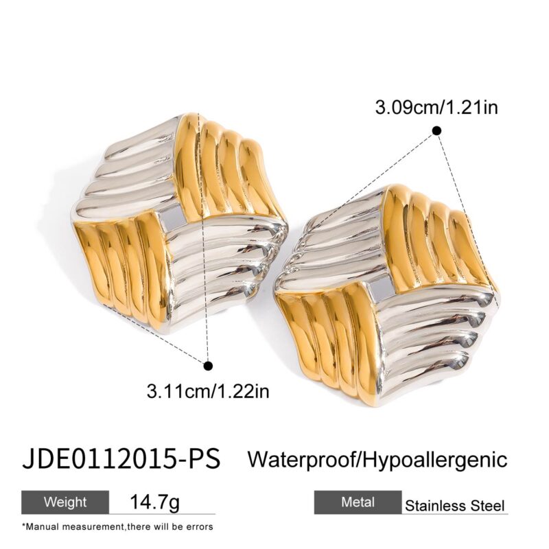 Ladies modern minimalist 18k gold stainless steel gold and silver color matching rib geometric hollow earring - Image 4