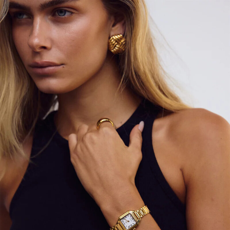 Ladies modern minimalist 18k gold stainless steel rib geometric hollow earrings - Image 3