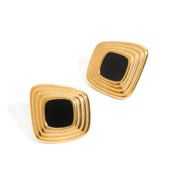 Fashion 18K gold stainless steel+black shell resin geometric rib irregular square black shell resin earrings