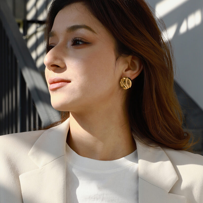 Minimalist /18K gold stainless steel/chubby irregular grain earrings - Image 4