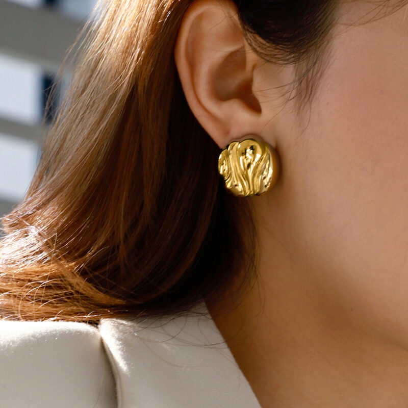 Minimalist /18K gold stainless steel/chubby irregular grain earrings - Image 3