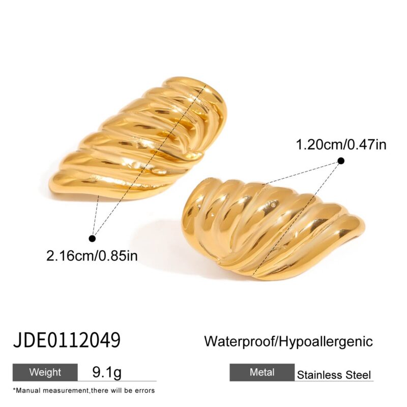 J&D New Trendy 18k Gold Plated Stainless Steel Tarnish Free Hypoallergenic Ribbed Hammered Statement Earrings - Image 6