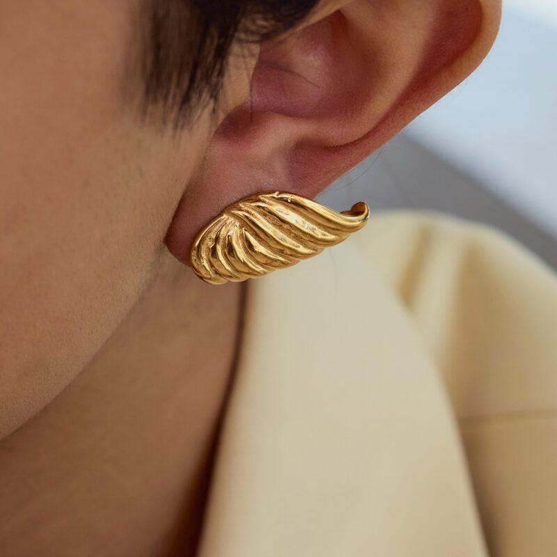 J&D New Trendy 18k Gold Plated Stainless Steel Tarnish Free Hypoallergenic Ribbed Hammered Statement Earrings - Image 3