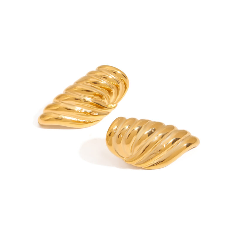 J&D New Trendy 18k Gold Plated Stainless Steel Tarnish Free Hypoallergenic Ribbed Hammered Statement Earrings