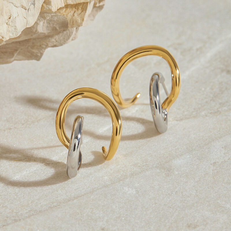 J&D Modern Minimalist 18K Gold Stainless Steel Earrings Fashion Two Tone Color Irregular Line Earrings - Image 6