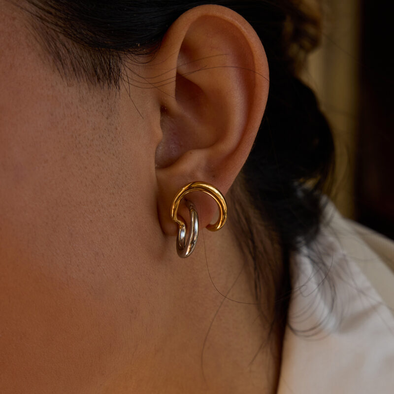 J&D Modern Minimalist 18K Gold Stainless Steel Earrings Fashion Two Tone Color Irregular Line Earrings - Image 2