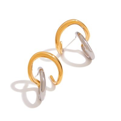 J&D Modern Minimalist 18K Gold Stainless Steel Earrings Fashion Two Tone Color Irregular Line Earrings