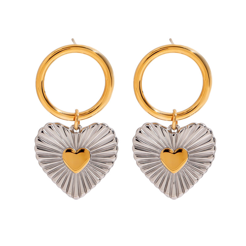 Ladies Street trend 18k gold stainless steel/gold and silver matching rib love pendant earrings