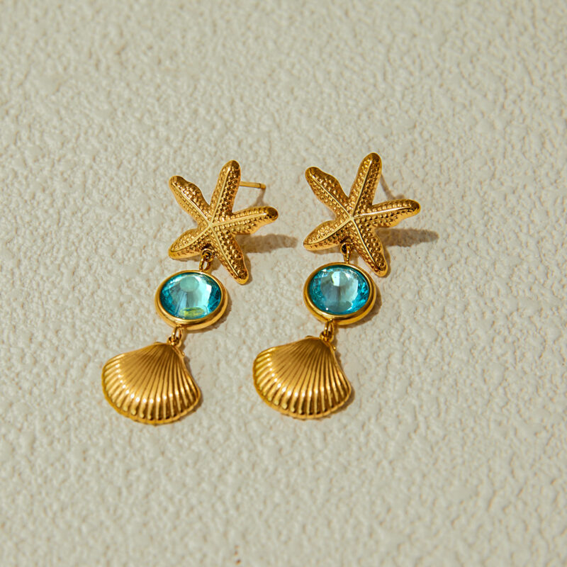 J&D Niche Funky 18K Gold Stainless Steel Transparent Blue Faceted Glass Starfish Shell Earrings - Image 4