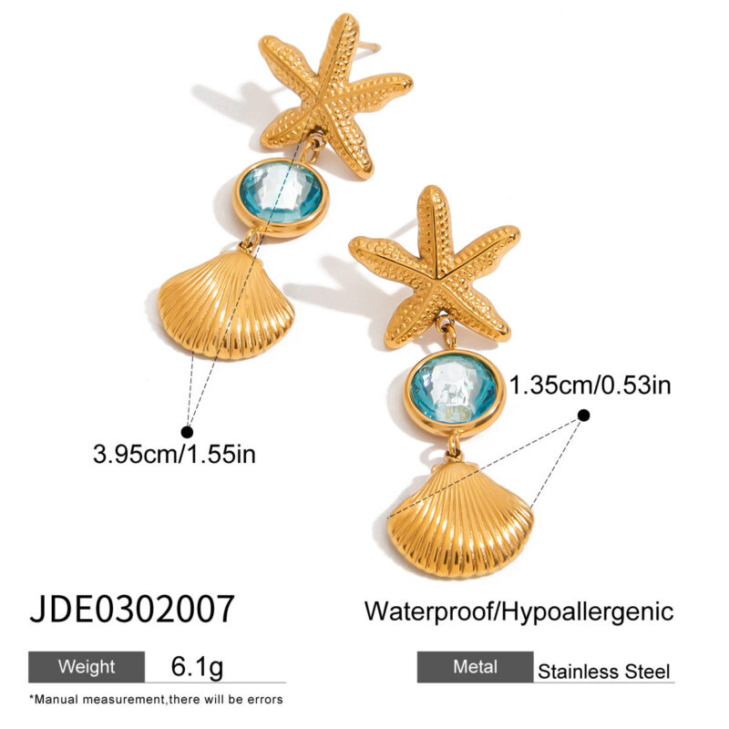 J&D Niche Funky 18K Gold Stainless Steel Transparent Blue Faceted Glass Starfish Shell Earrings - Image 5