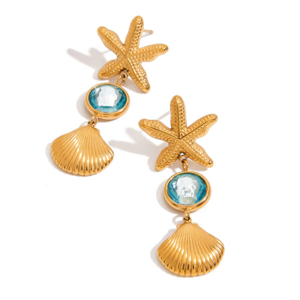 J&D Niche Funky 18K Gold Stainless Steel Transparent Blue Faceted Glass Starfish Shell Earrings