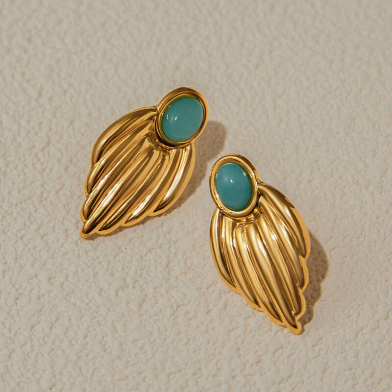 J&D Unique Design Gold Plated Earings Jewelry Women Stainless Steel Lue Stone Glossy Leaf Earrings - Image 4