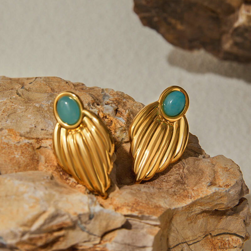 J&D Unique Design Gold Plated Earings Jewelry Women Stainless Steel Lue Stone Glossy Leaf Earrings - Image 5