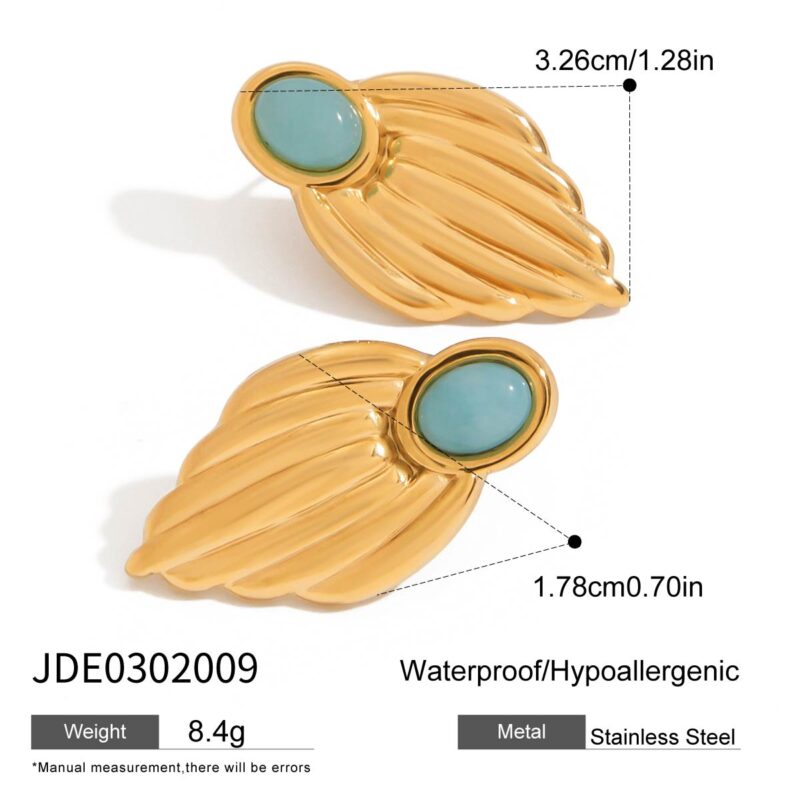 J&D Unique Design Gold Plated Earings Jewelry Women Stainless Steel Lue Stone Glossy Leaf Earrings - Image 6