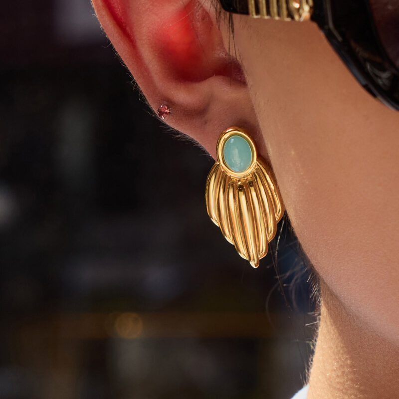 J&D Unique Design Gold Plated Earings Jewelry Women Stainless Steel Lue Stone Glossy Leaf Earrings - Image 3