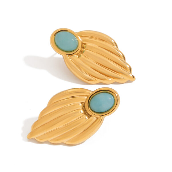 J&D Unique Design Gold Plated Earings Jewelry Women Stainless Steel Lue Stone Glossy Leaf Earrings