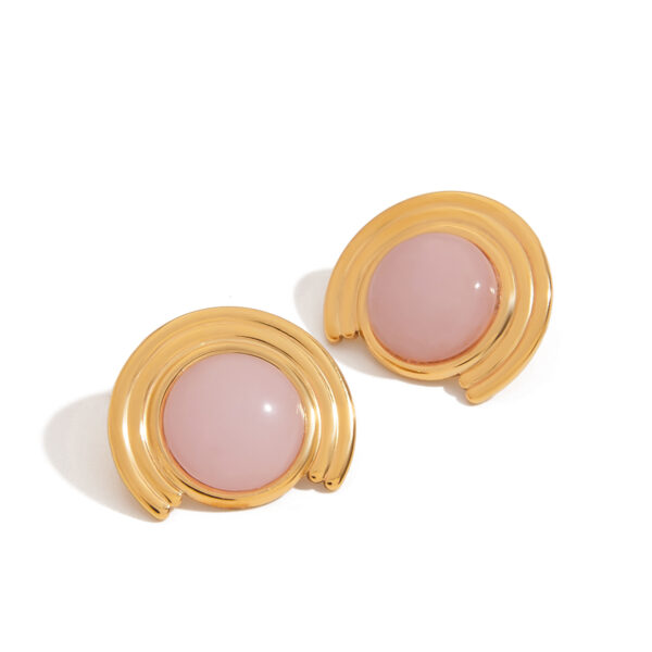 J&D Summer Boho Style 18K Gold Stainless Steel Arc Ribbed Rose Quartz Natural Stone Earrings Necklace Set