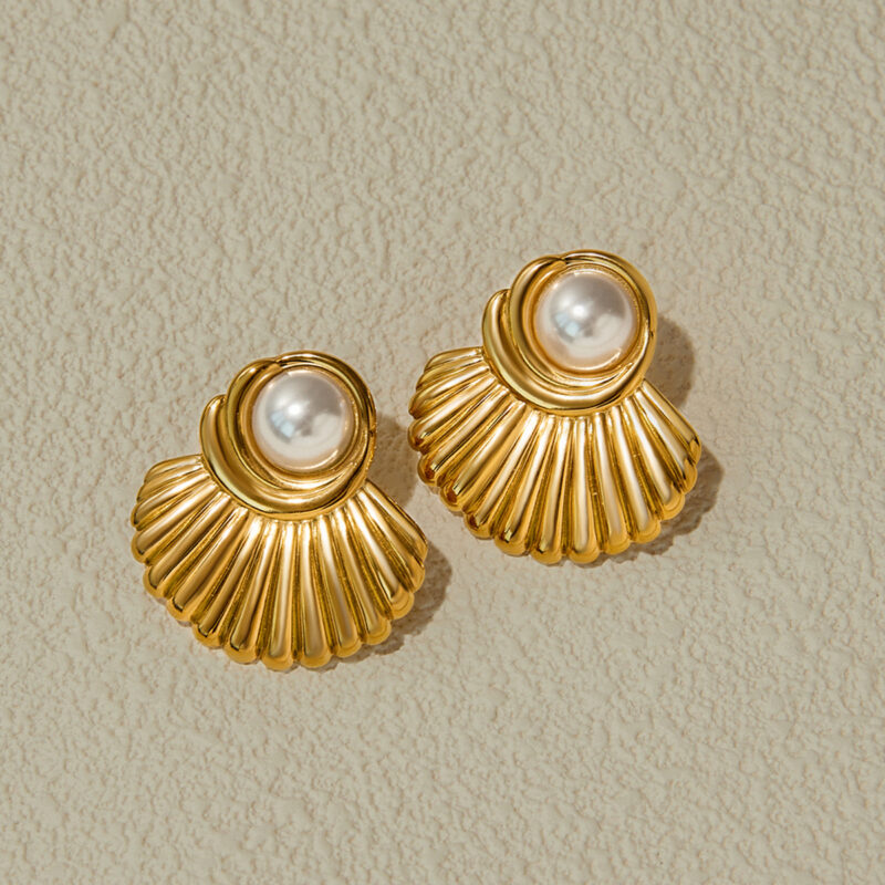 J&D Designer Niche 18K Gold Stainless Steel Earrings Glossy Fan-shaped with Half-sided Pearl Earrings - Image 4