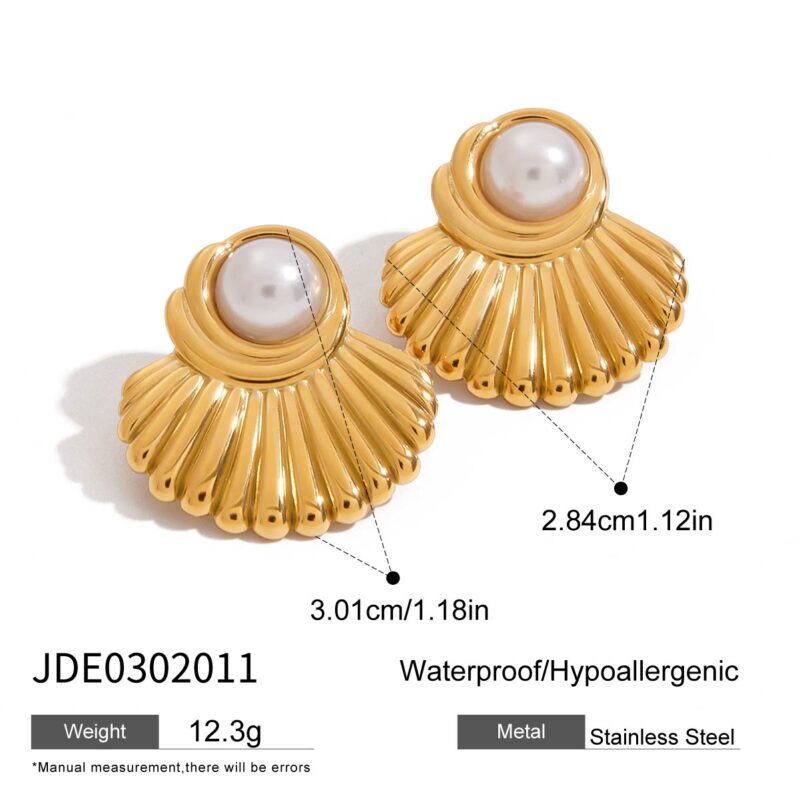 J&D Designer Niche 18K Gold Stainless Steel Earrings Glossy Fan-shaped with Half-sided Pearl Earrings - Image 5