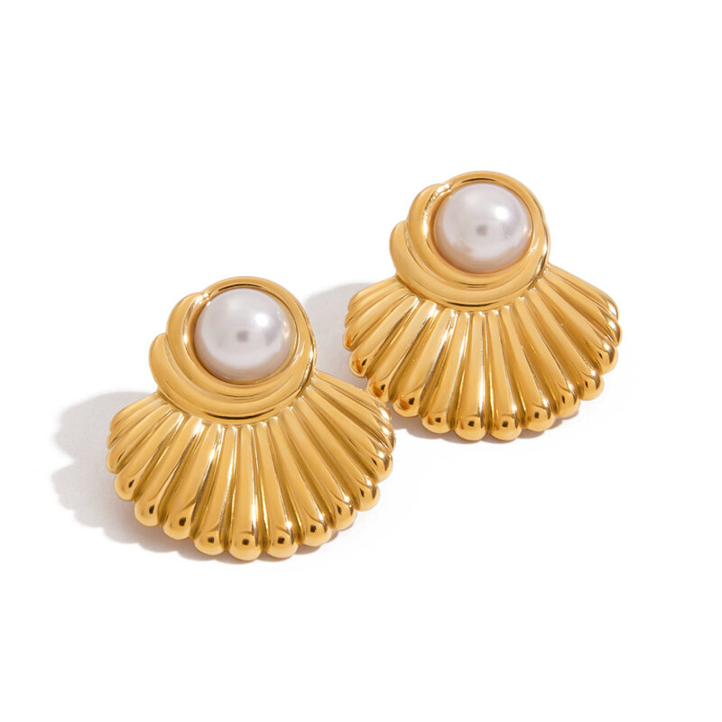 J&D Designer Niche 18K Gold Stainless Steel Earrings Glossy Fan-shaped with Half-sided Pearl Earrings