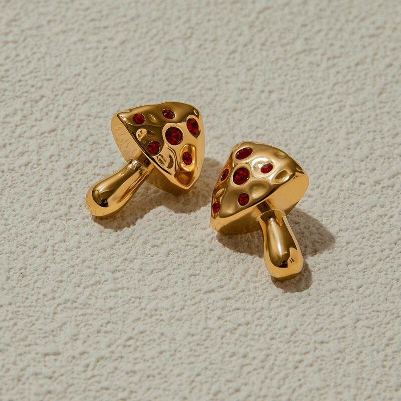 J&D New Trendy 18k Gold Plated Tarnish Free Stainless Steel Hypoallergenic Red Zircon Mushroom Statement Earrings - Image 5