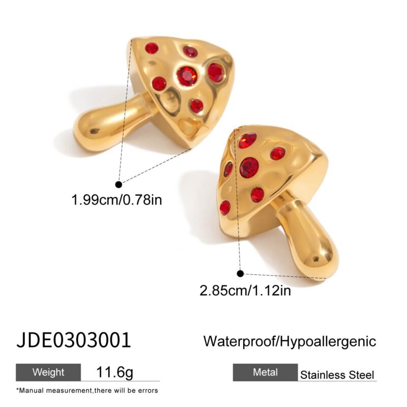 J&D New Trendy 18k Gold Plated Tarnish Free Stainless Steel Hypoallergenic Red Zircon Mushroom Statement Earrings - Image 4