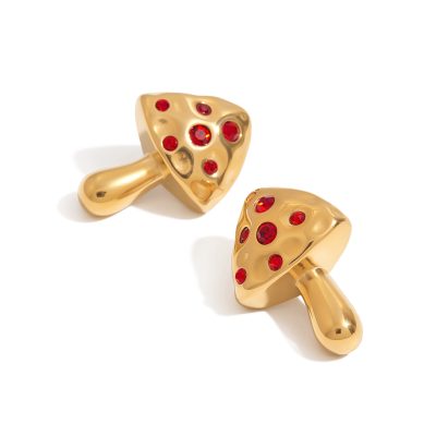 J&D New Trendy 18k Gold Plated Tarnish Free Stainless Steel Hypoallergenic Red Zircon Mushroom Statement Earrings
