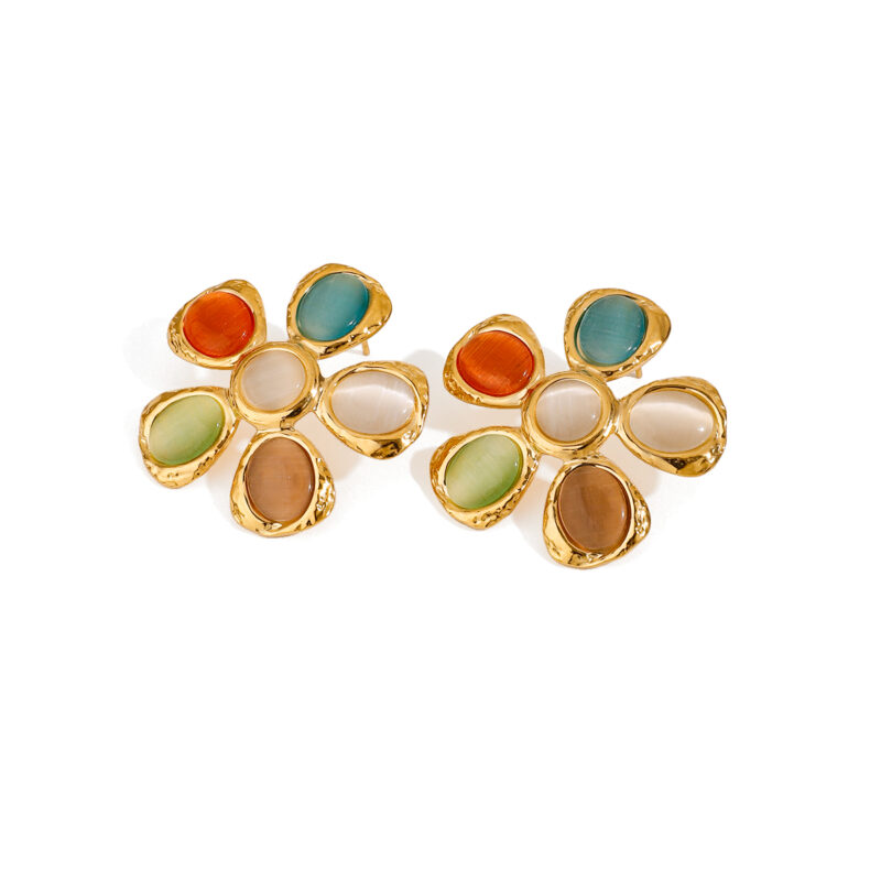 18K Gold Stainless Steel Sweet and Romantic High-End Imitation Shell Beads Hammer Pattern Flower Adjustable Ring