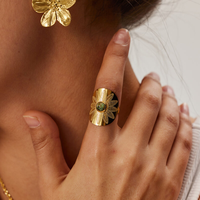 18K Gold Plated Stainless Steel Vintage Open Africa Turquoise Stone Ring Width Rings High-quality for Girls Women - Image 3