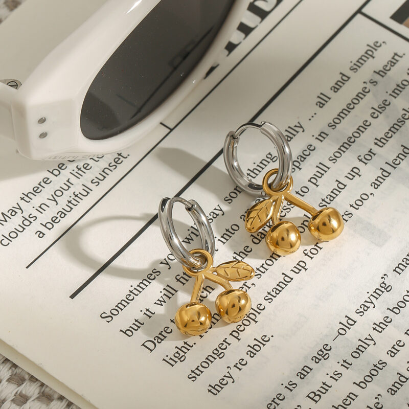 Ladies-Modern minimalist 18K gold stainless steel gold and silver matching cherry pendant earring - Image 3