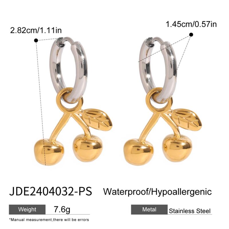 Ladies-Modern minimalist 18K gold stainless steel gold and silver matching cherry pendant earring - Image 6