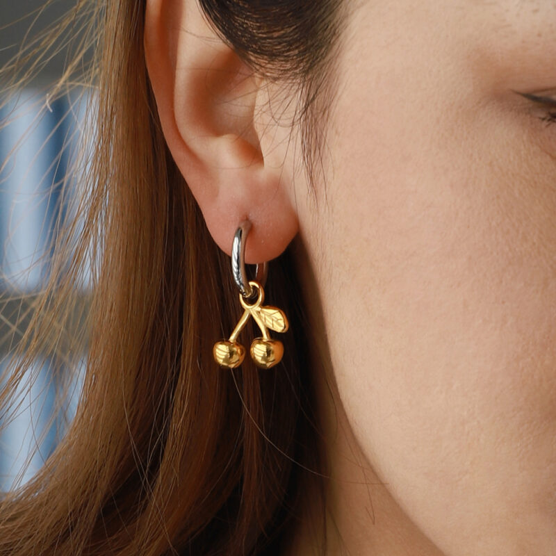 Ladies-Modern minimalist 18K gold stainless steel gold and silver matching cherry pendant earring - Image 4