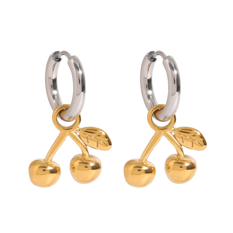 Ladies-Modern minimalist 18K gold stainless steel gold and silver matching cherry pendant earring