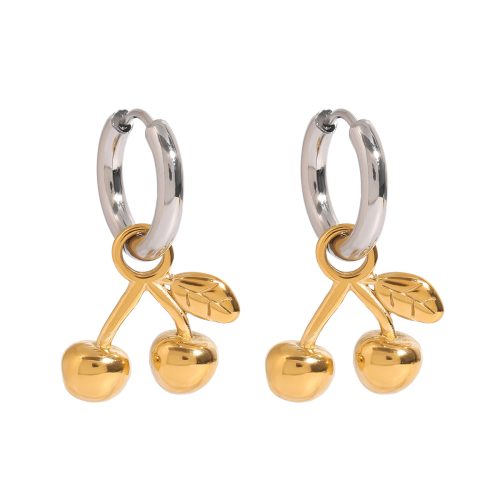 Ladies-Modern minimalist 18K gold stainless steel gold and silver matching cherry pendant earring