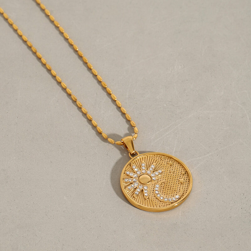 Classic style 18K gold stainless steel+white diamond round pendant necklace with diamond sun, moon and stars - Image 3