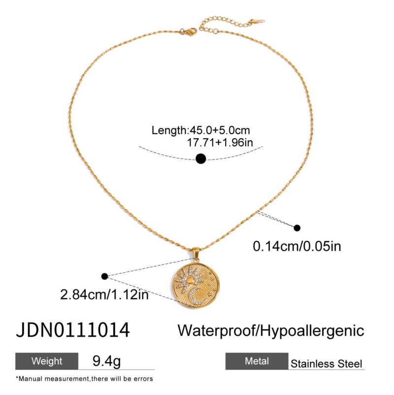 Classic style 18K gold stainless steel+white diamond round pendant necklace with diamond sun, moon and stars - Image 6